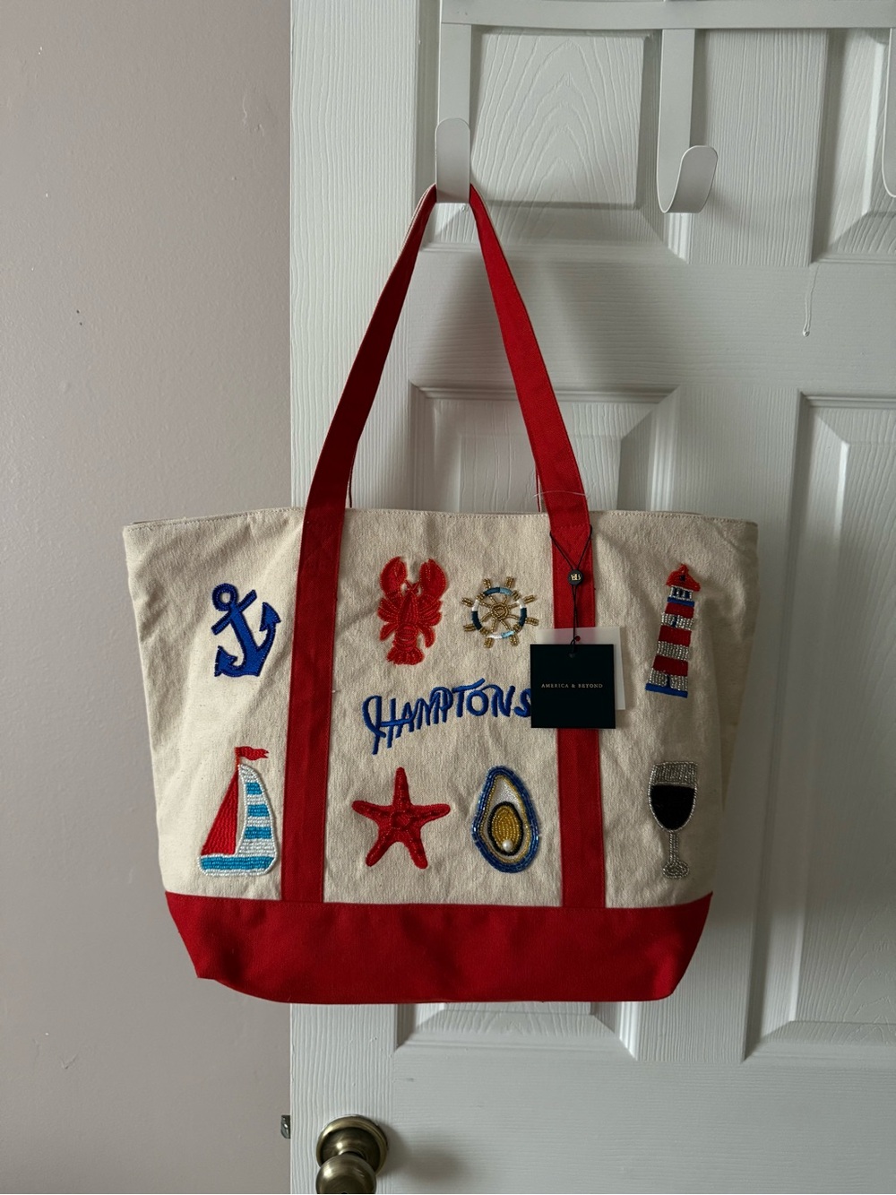 NWT America and Beyond Hamptons Canvas Boat Tote Bag Lobster Nautical Red